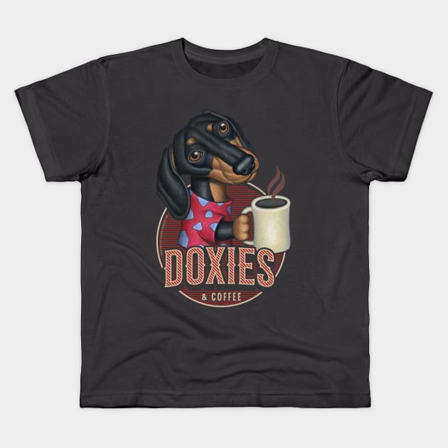 Cute Doxie and coffee funny fur baby Dachshund with a hot cup tee Kids T-Shirt by Danny Gordon Art